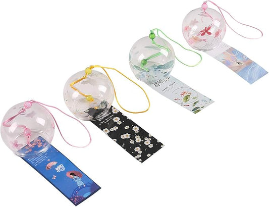 Falytemow 4 pcs Japanese Wind Chimes Romantic Flowers Small Wind Bells Handmade Glass Japanese Style Pendant for Birthday Present Home Decors (Sakura, Chrysanthemums, Lotus, and Plum Blossoms, 7 cm)