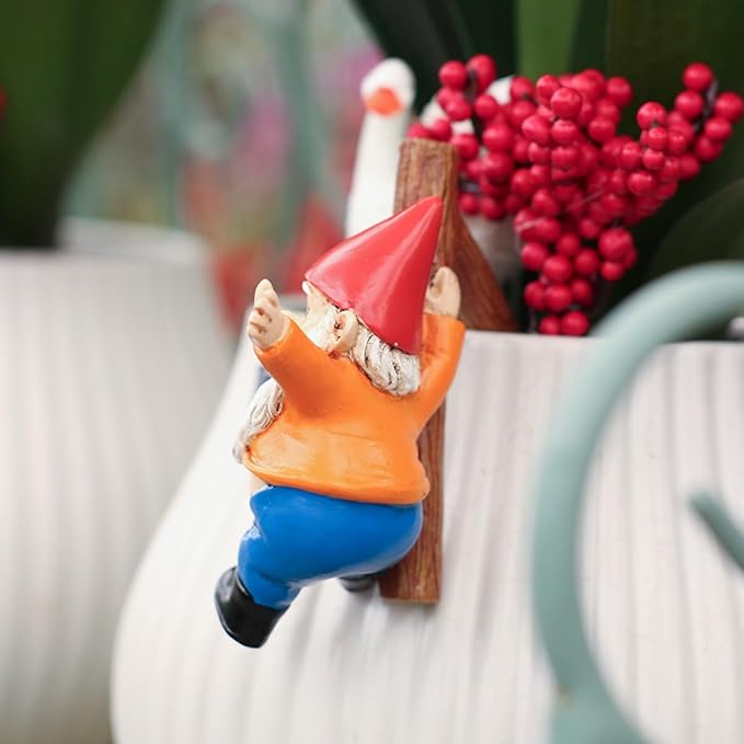 Funny Garden Gnome Statue Flower Pot Hugger, Jackets Hanging on Branch Gnome Figurine Resin Sculpture Outdoor Decor Patio Lawn Yard Fence Plant Pot Ornaments