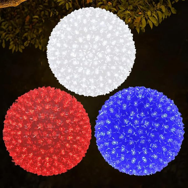 3PK 10in Patriotic Light Ball, 300LED Red White Blue Sphere Lights, Steady Hanging Globe Lights for 4th of July, Memorial Day, Independence Day & Veteran Day, Red White Blue Decor for Outdoor Home