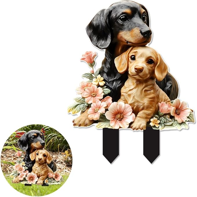 Garden Stake Decor, Acrylic 2D Flat Animal Statue, Fairy Sculptures Ornament Indoor Outdoor Yard Lawn Pot Plant Decorative Accessories (Two-Dogs)