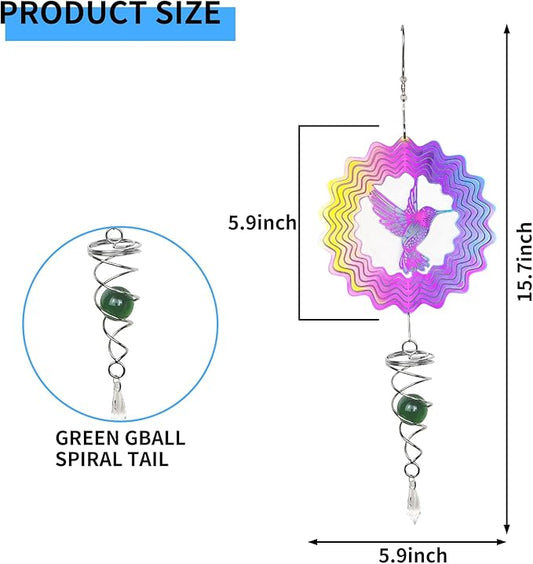 Andiker Hummingbird Wind Spinner with Tail Spinner, 3D Gradient Color Garden Spinner with Ball Spiral Tail, Metal Hanging Wind Chime for Indoor Outdoor Garden Decoration (Colorful Bird)