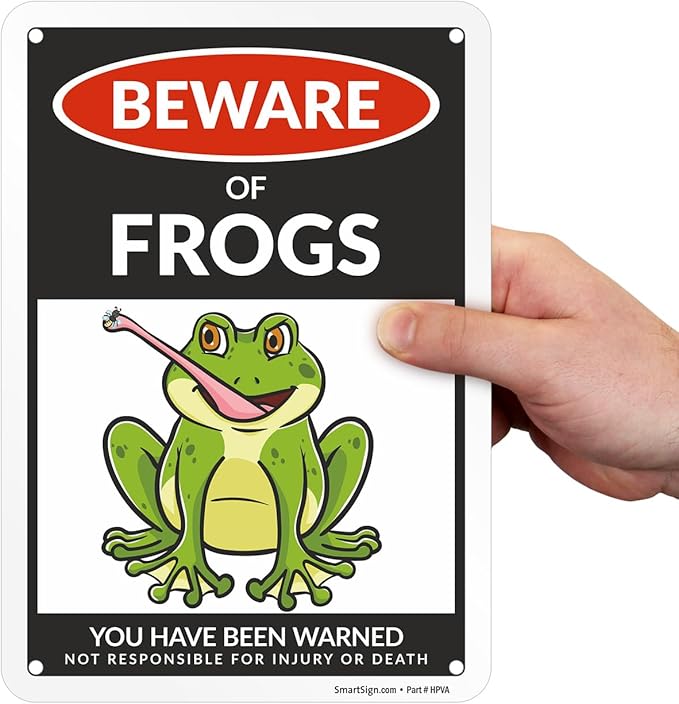 SmartSign Funny Beware Of Frogs Warning Sign - 10"x7", 40 mil Laminated Rust-free Aluminum - Metal Signs for Wall Decor, Outdoors, Patio, Gifts, Cafe - Frogs Theme, Made in USA