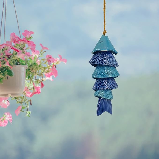 Koi Fish Wind Chime for Outside, 12 Inch Ceramic Wind Chimes with Gentle Tones for Patio Garden Yard, Porch, Beach Decor, Thoughtfully Weighted Design Prevents Constant Ringing.