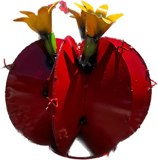 Handmade Metal Bisnaga Cactus with Flowers - Garden Art Decor (Red)