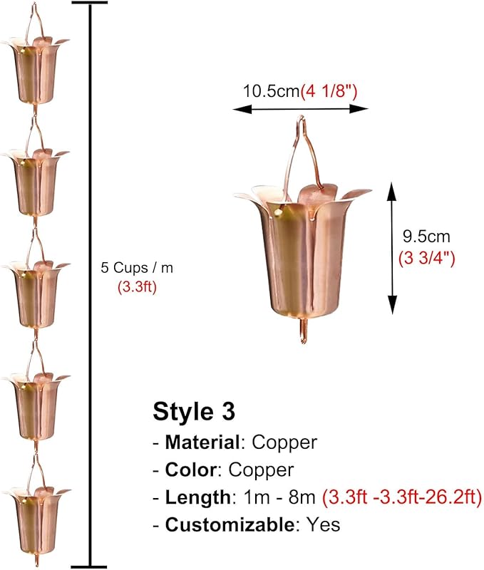 Copper Rain Chain for Heavy Rain, Decorative Rainwater Diverter, Outdoor Garden Decor for Gutter Downspout (Style3 1.6m (5.25ft))