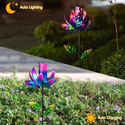 Stargarden Outdoor Wind Spinners with Solar Lantern, Solar Wind Sculptures & Spinners, Flower Shape Solar Windmill for Yard and Garden(Purple)