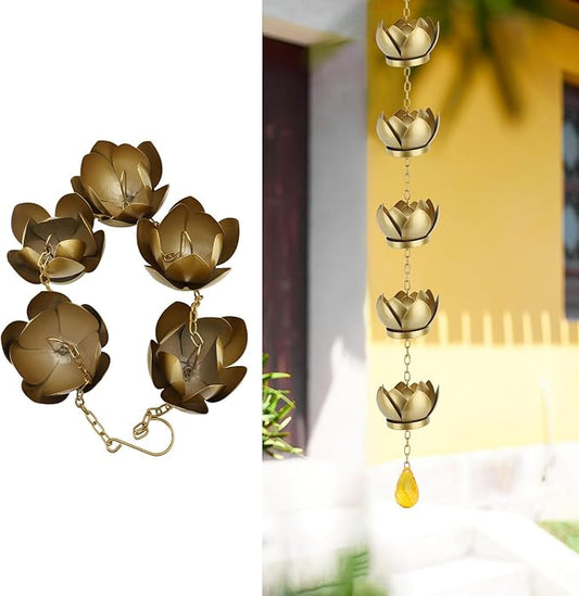 Metal Rain Chain, 8 ft Copper Plated Rain Chain for Outside Downspouts, Adjustable Rain Catcher with Flower Spiral Rain Bells, Proof Galvanized Iron Decor for Home Outdoor