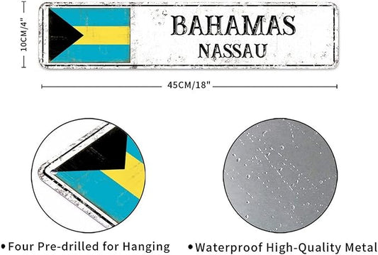 Bahamas Street Sign Custom Bahamas Flag Signs Capital City of Bahamas Metal Sign Road Wall Art Farmhouse Decorative Sign Rustic Home Decoration Gift for Foreign Friend, Neighbor 18x4inch
