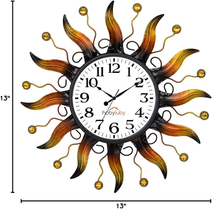 Outdoor Clock Silent Non-Ticking, Sun Outdoor Wall Clock Waterpooof Outside Clock for Patio, Home Decorations(Orange)