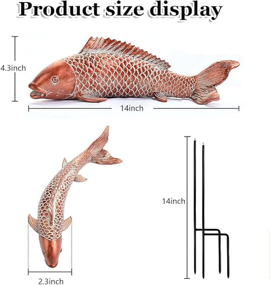 Koi Fish Garden Statues Set of 2, Antique Copper Style Resin Sculptures, Outdoor Garden Statues for Patio Backyard Koi Pond Japanese Garden Decor, Best Gardening Gifts for Women Mom (Copper Red)