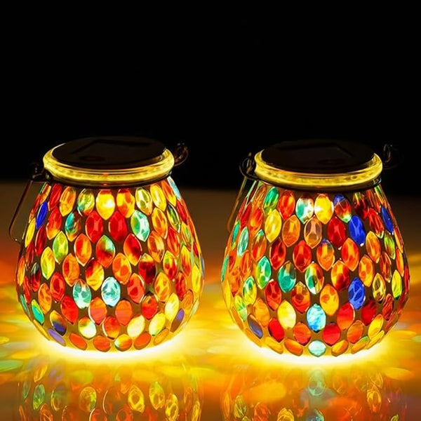 Starsoul 2 Pack Solar Lanterns Outdoor Waterproof, Exquisite Colorful Mosaic Glass Solar Garden Decor, Gifts for Women Mom Grandma