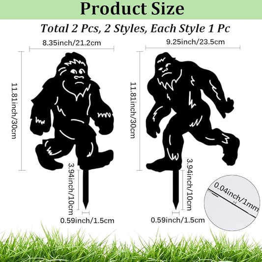 CREATCABIN 2Pcs Black Orangutan Stake Metal Big Foot Garden Decor Art Silhouette Statues Garden Decorative Ground Insert Lawn Ornaments for Outside Outdoor Big Foot Sasquatch Gifts 8/9x11.8Inch