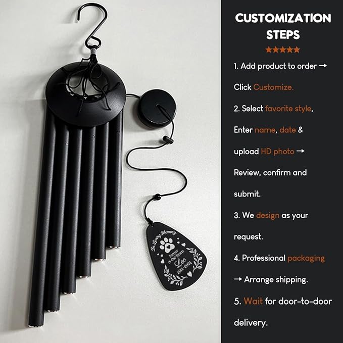Personalized Pet Memorial Wind Chimes for Outside – Custom Sympathy Gift for Loss of Dog Cat Horse Bird- Laser Engraved with Your Pet's Photo & Name – in Loving Memory – Outdoor Garden Decor