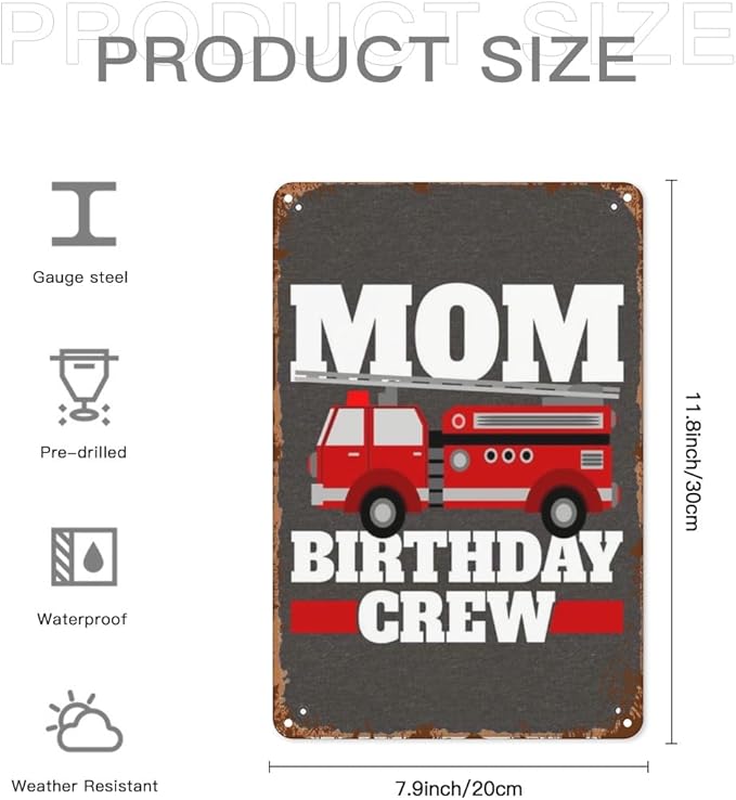 Vintage Tin Metal Sign Mom Of The Birthday Crew Fire Truck 8x12 Inches Retro Wall Decor for Home,Garden,Patio,Office,Kitchen,Bathroom,Living Room,and More! Funny Quotes & Motivational Decorations