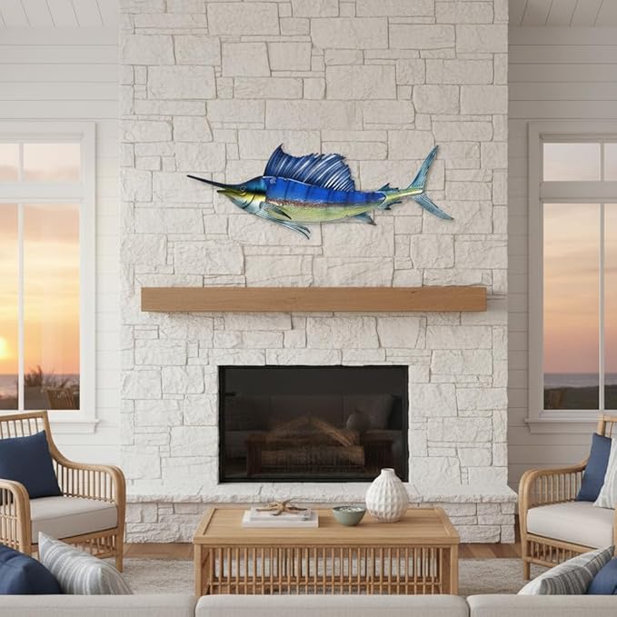 LIFFY Metal Fish Wall Decor,36" Large Swordfish Wall Art,Indoor Outdoor Tropical Ocean Glass Sailfish Art Sculptures Home Decorative Ornaments for Garden Porch Bedroom Living room