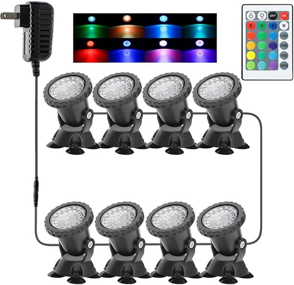 Pond Lights, Color Changing Spotlight Underwater Colored LED Fountain Lights, Outdoor Landscape Spot Light RGB IP68 Waterproof Submersible Dimmable for Garden Yard Lawn Halloween (8 Lights)