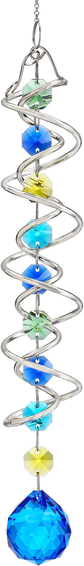 H&D HYALINE & DORA Gazing Ball Spiral Tail Wind Spinner Spiral Blue Crystal Ball with Hook Sun Catcher Rainbow Maker Hanging Decor for Yard Garden Rotating Art 20.5 "