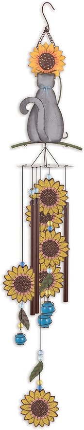Sunset Vista Designs Windchimes - Rustic Metal Sunflower Wind Chime for Outdoors, 33.5" Long, Chartreux Cat
