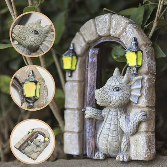 SHOWFEICAT Dragon Garden Ornament Resin Craft Ornament Statue Fairy Door Yard Art Outdoor and Garden Solar Light Luminous Sand Open Door Dragon Wall Statue Outdoors Decor (Open The Door)