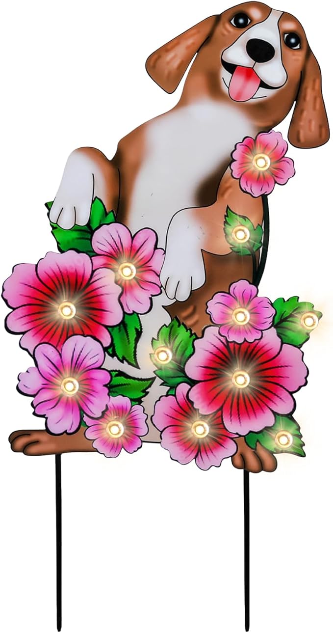 WONDER GARDEN Decorative Garden Stakes - Lighted Dog and Flower Yard Sign Stakes Spring Signs for Outdoor, Porch, Yard,Flower Bed Decor (Battery Operated)