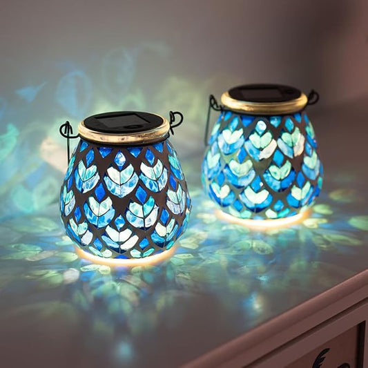Stargarden 2Pack Mosaic Solar Lanterns, Blue Glass Hanging Lantern Waterproof Outdoor Hanging Solar Lights Table Lamp for Garden ,Patio,Yard Decor