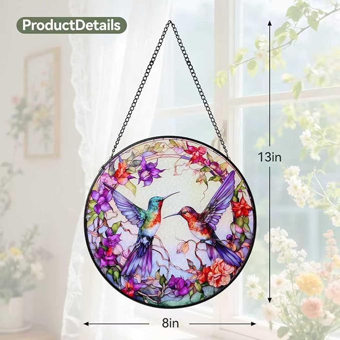 Stained Glass Window Hanging Hummingbird Sun Catcher Indoor and Outdoor, Window Garden Decor Art, Stained Glass Suncathers, Hummingbird Gifts for Women,Mom, Grandma and Wife 7.8’’ Purple