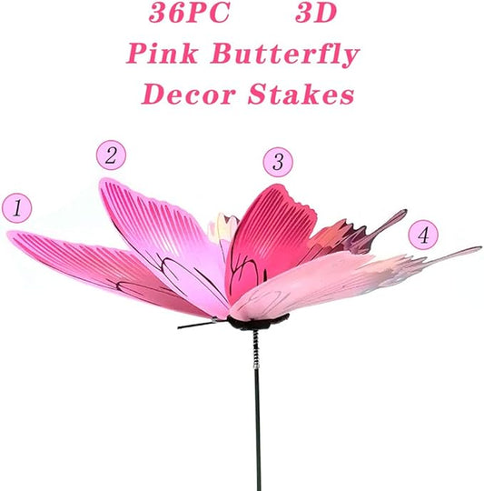 FENELY Butterfly Garden Decor Stakes,Double Wing Waterproof 3D Pink Butterflies Garden Ornaments Outdoor Decorations for Patio Lawn Yard PVC Gardening Art Christmas Whimsical Gifts