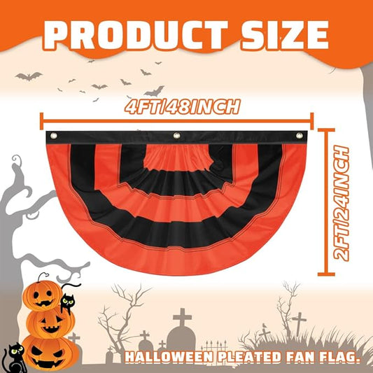 Halloween Bunting Flag 2 x 4 ft Fully Sewn Orange & Black 5 Stripe with 3 Grommets Pleated Half Fan Flag Bunting Banner Trick or Treat Halloween Decor Outside Porch Garden Outdoor Yard Indoor Home
