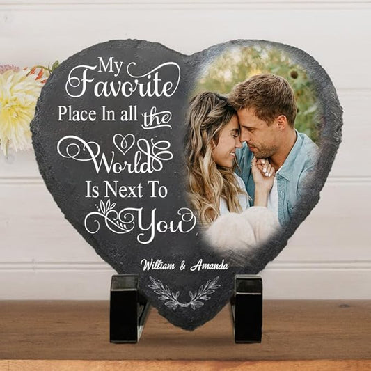 Nazenti Custom Photo My Favorite Place In All The World Is Next To You, Couple Personalized Heart Shaped Stone With Stand, Gift For Husband Wife Anniversary
