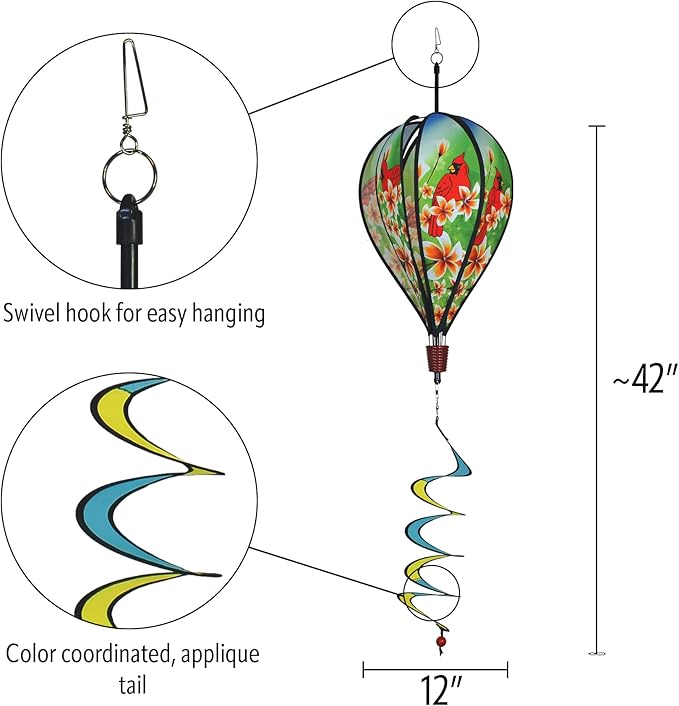 In the Breeze Cardinal 6-Panel Kinetic Hot Air Balloon Wind Spinner,11" W x 17" H, 26" Tail,1055