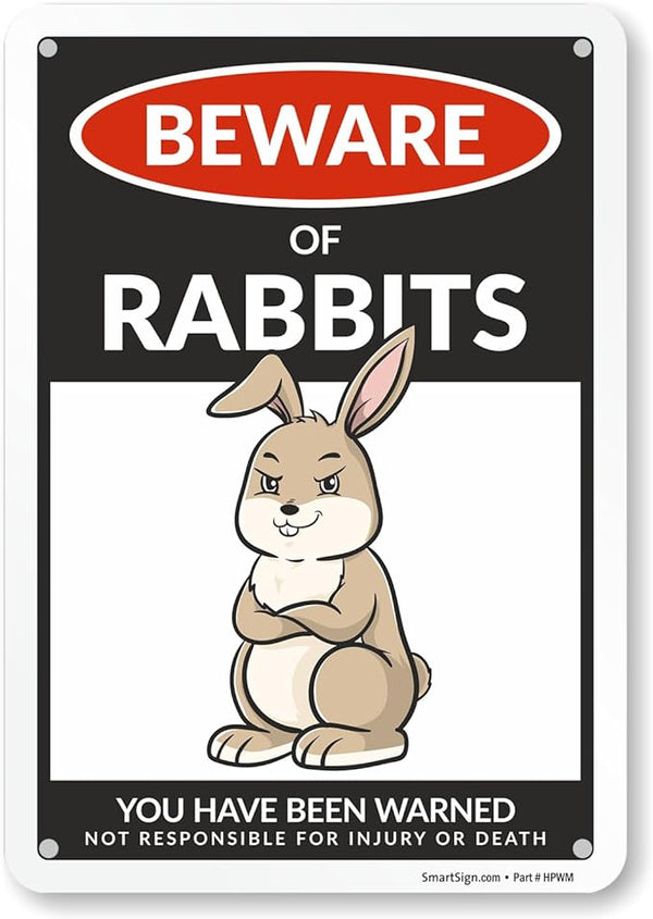 SmartSign Funny Beware Of Rabbits Warning Sign - 10"x7", 40 mil Laminated Rust-free Aluminum - Metal Signs for Farms, Outdoors, Patio, Gifts, Cafe - Rabbits Theme, Made in USA