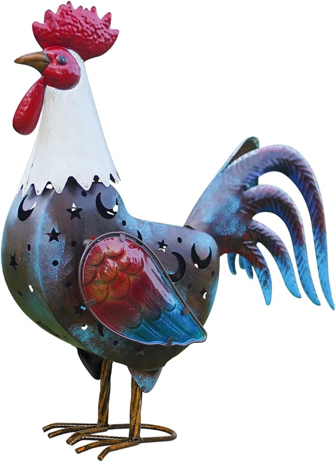 HONGLAND Metal Rooster Yard Decor,18" Chicken Garden Statue Outside with Solar Light,Farm Decorative Ornaments for Home Patio Yard Lawn,Gift for Chickens Lover