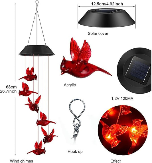 Cardinal Solar Wind Chimes for Outside,2 Pack Cardinal Gifts for Women Mom Mother,Solar Red Bird Memorial Wind Chimes,Solar Powered Wind Chime Waterproof,Red Bird Decor for Garden Patio Outdoor Porch