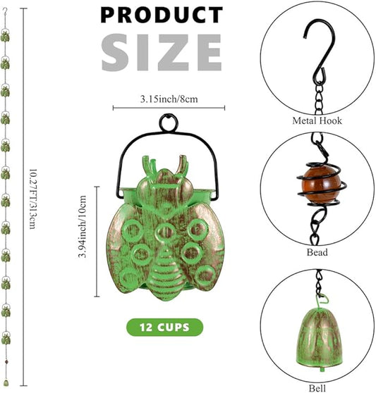 dreamysoul Rain Chains with 12 Ladybug Cups, 10.27FT Bronze Decorative Rain Catcher Chains for Downspout Gutters, Eaves Drainage, Outside