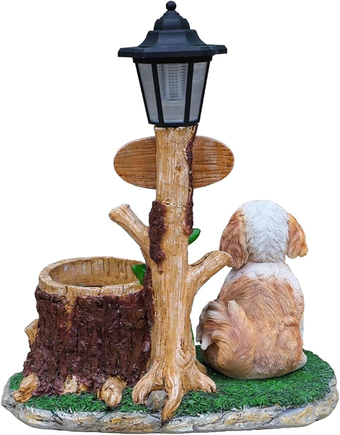 Solar Light Animal Outdoor Statue Planter with Welcome Sign, Resin Garden Sculpture Flower Pot for Patio Lawn Porch Yard Courtyard Decor, Weather-Resistant Decorative Figurine Accent (E)