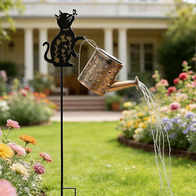 Solar-Powered Cat Watering Can Projection Lights with Metal Cat Statue Silhouette Pillar Garden Feature Light, for Christmas, Mother's Day, Birthday Gifts, Garden, Lawn, Courtyard Decorations.