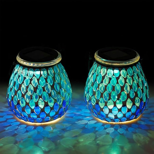 Starsoul 2 Pack Solar Lanterns Outdoor Waterproof, Elegant Blue Glass Mosaic Solar Lantern, Solar Hanging Lights Outside Patio Porch Yard Decor