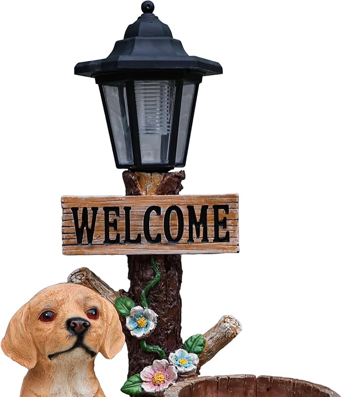 Solar Light Animal Outdoor Statue Planter with Welcome Sign, Resin Garden Sculpture Flower Pot for Patio Lawn Porch Yard Courtyard Decor, Weather-Resistant Decorative Figurine Accent (B)