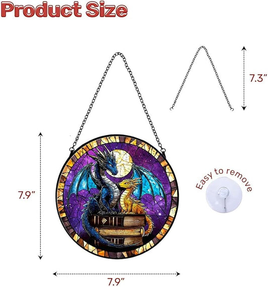 GENANY Dragon Book Stained Glass Window Hanging, Sun Catcher with Metal Chain and Hook, Bookish Gifts for Women Friends Family, Garden Decor, Housewarming Gifts, Outdoor Decor