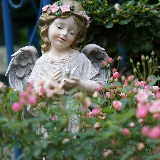 Angel & Dove Garden Statue - 12.6 Inches Tall, Religious Outdoor Decoration, Inspirational Resin Yard Sculpture for Garden, Memorial & Patio