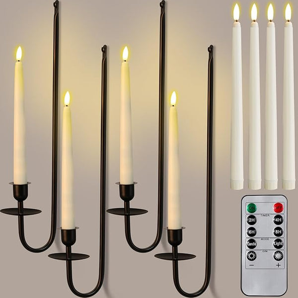 Tessco for you Metal Wall Mount Candle Sconces with 9.6" LED Flameless Taper Candles and Remote Timer 16.5" Wall Hanging Sconces Set for Living Room Fireplace Hallway Stairway(Black,4 Set)