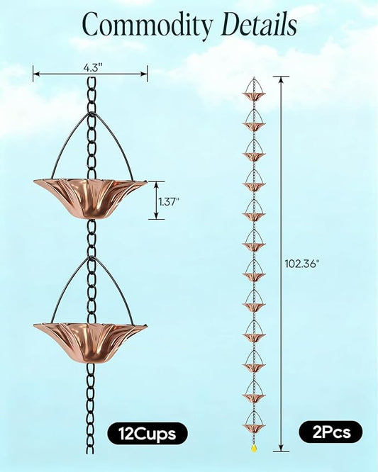 2Items 8.5FT Outdoor Rain Chain with 12 Lotus Cups & Bell, Decorative Rain Chains for Downspouts, Adjustable Gutter Drainage Replacement for Eaves, Easy Installation Water Catcher Chain