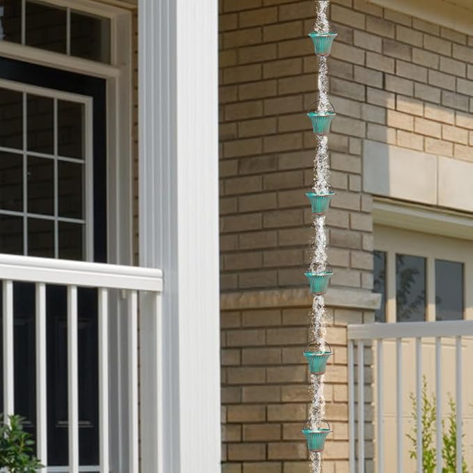 11ft Rain Chains for Outside, 12 Cups Rain Catcher Chain Replacement Downspout for Gutters, Adjustable Length(Green)