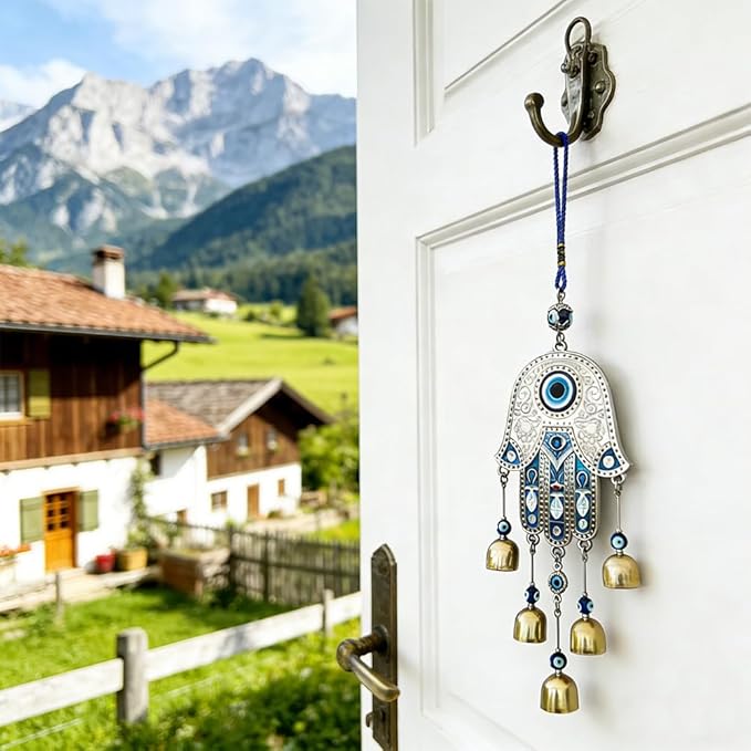 Evil Eye Metal Wind Chimes with Bell, Handing Wind Chime for Home Decoration Accessories, Blue Lucky Evil Eye Wall Decor Pendant for Indoor