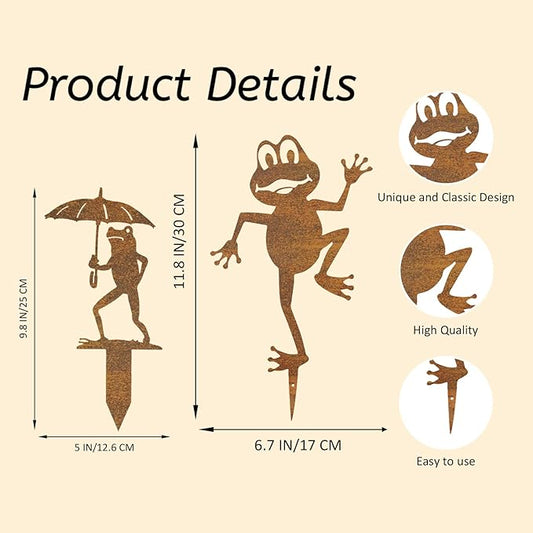 2 Pcs Rusty Metal Frog Decorative Garden Stakes, Gifts for Women/Men/Lovers Gifts, Metal Garden Stakes Decorative for Yard Art Outside Patio, Lawn Outdoor Decor