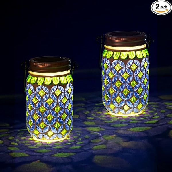 Stargarden 2 Pack Mosaic Solar Lantern , Outdoor Hanging Lantern Waterproof Table Lamp Mosaic Night Light for Tree, Garden, Patio, Yard, Outdoor(Blue Green)