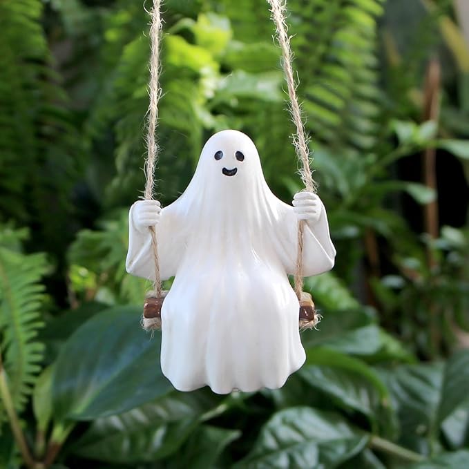 Swing Ghost Garden Statue Outdoor Halloween Decor, 3.39 Inch Cute Ghost Figurine Resin Sculpture Funny Tree Hanging Ornaments for Patio Lawn Yard