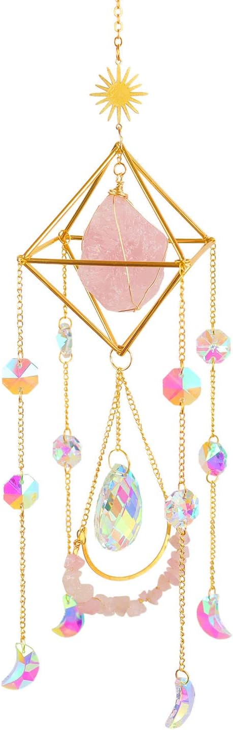 Crystal Suncatcher Rose Quartz, St Valentines Gift Spiritual, Sun Catcher Hanging for Windows, Rainbow Maker, Garden Home Decor, Natural Gemstone Boho Decor (Rose Quartz)