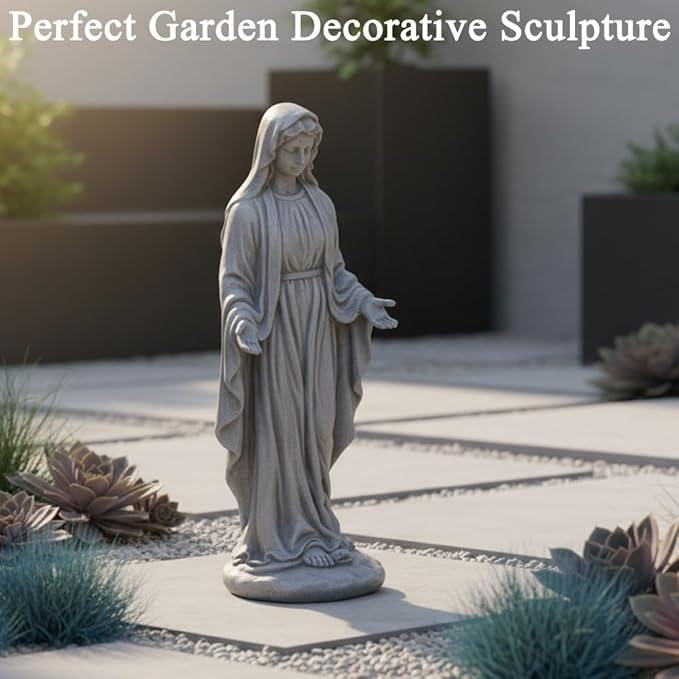 15 inch Virgin Mary Statue, Angel Statue for Garden, Religious Garden Statue Outdoor, Blessed Mother Sculpture, Mother Mary Statue for Patio Home Yard Decor, Gray