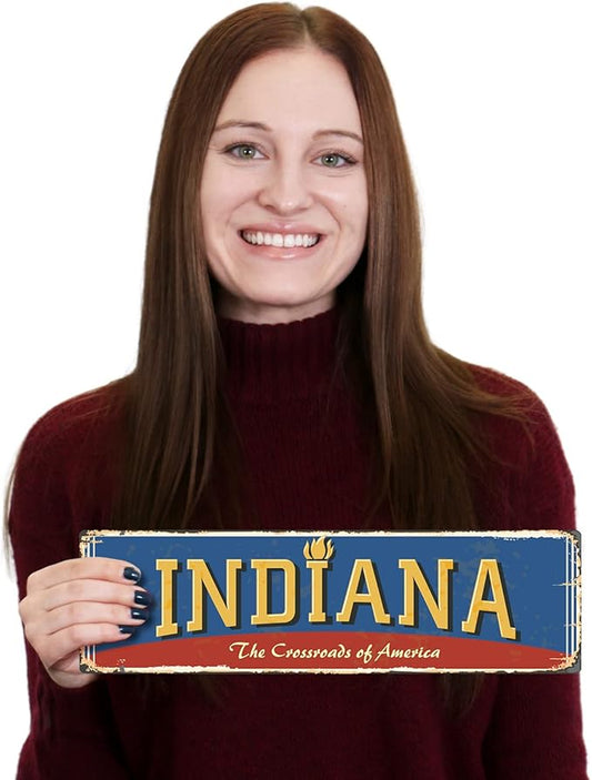 SmartSign 4 x 14 inch Indiana State Vintage Metal Sign “Crossroads Of America”, 40 mil Rustproof Aluminum with Clear Overcoat, Retro Wall Décor, Multicolor, Made in USA